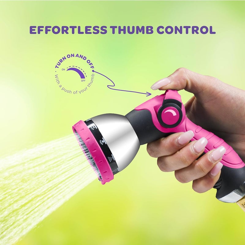 SEWANTA Hose Nozzle [Pink] Heavy Duty Hose Sprayer With 10 Adjustable Watering Patterns. Thumb Control Design, Comfortable Ergonomic Grip, Garden Hose Nozzle for Watering Plants & Lawns/Fun showers/Cleaning - Image 4